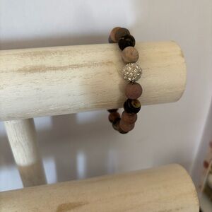 Handmade Matte Rhodonite Beaded Stretch Bracelet with Rhinestone Centerpiece